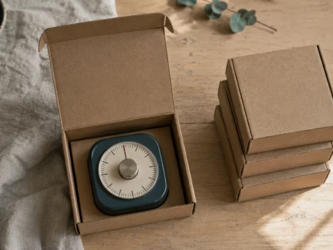 Een geopende kartonnen speldoos met een mechanische timer erin, en drie kleinere dozen ernaast.