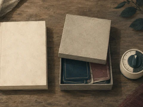 Een boek, een kartonnen speldoos met de deksel op een kier en een kleine kookwekker naast elkaar op tafel.