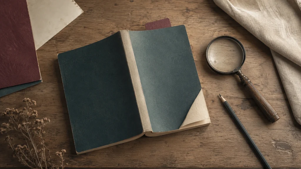 Een omgekeerd opengeslagen puzzelboek met een loep en een potlood ernaast, en een papiertje als markering.