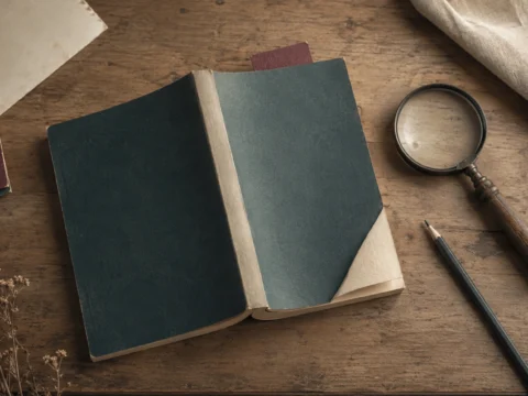 Een omgekeerd opengeslagen puzzelboek met een loep en een potlood ernaast, en een papiertje als markering.