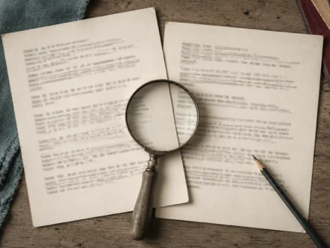 Twee verklaringen naast elkaar op een bureau, met een loep op de plek waar ze elkaar overlappen.