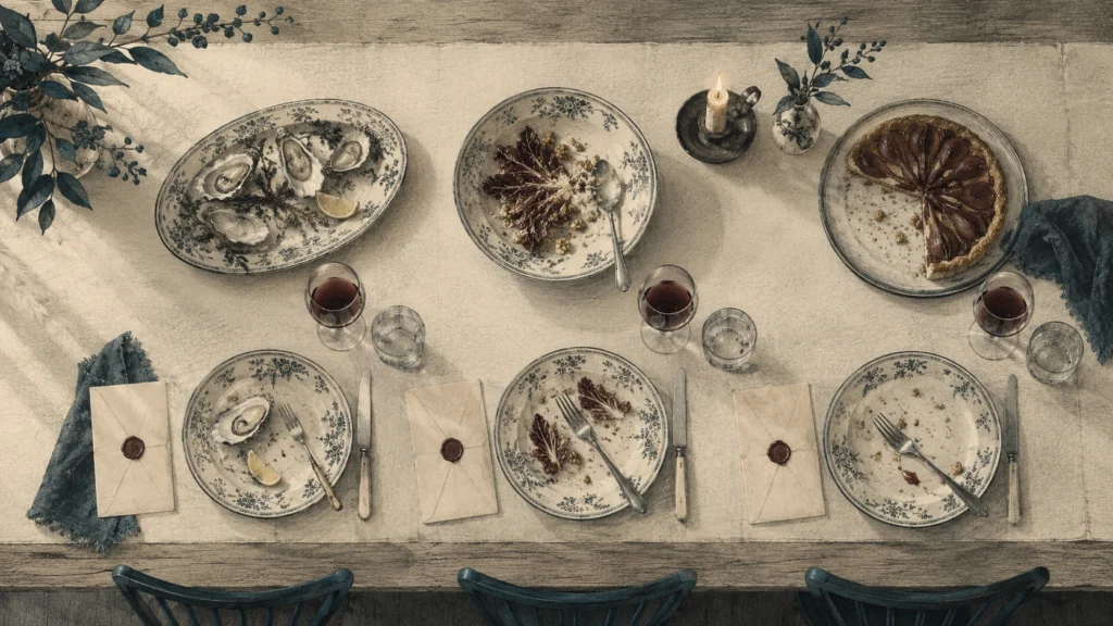 Een lange eettafel van boven, halverwege het diner, met bij drie borden een gesloten envelop.