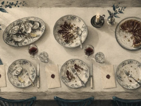 Een lange eettafel van boven, halverwege het diner, met bij drie borden een gesloten envelop.