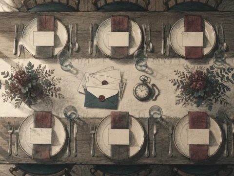 Een gedekte eettafel van boven met zes blanco naamkaartjes en een stapeltje gesloten enveloppen.