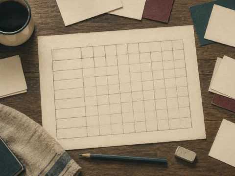 Een bureau van boven met een met de hand getekende tabel op papier, kaartjes eromheen, potlood en gum.