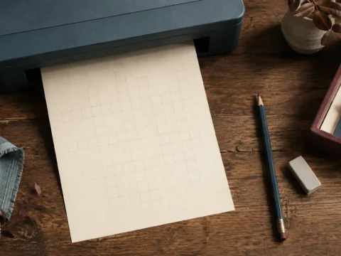 Een vers geprint vel dat uit een printer komt, met een potlood en een gum ernaast.