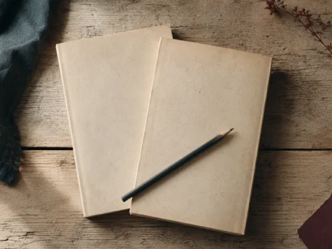Twee puzzelboeken van hetzelfde formaat naast elkaar op tafel, met een potlood eroverheen.